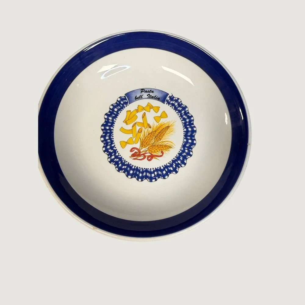 Tre Ci Italy Pasta Bowl Vintage Ceramic Blue White Gingham Wheat 11 Inch